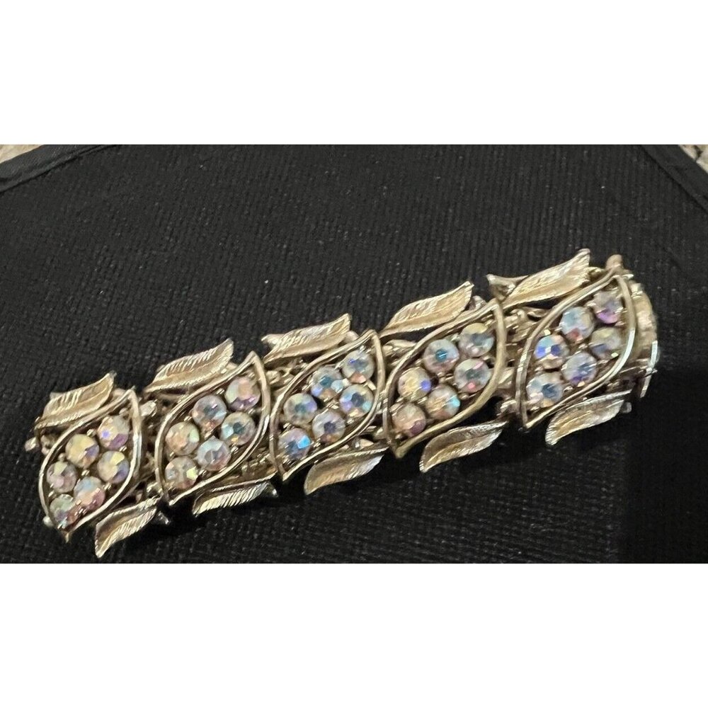 Coro Panel Bracelet Gold Tone Leaves AB Rhinestones Vintage Signed - Picture 6 of 7